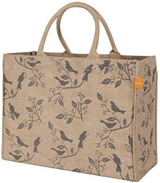 KAF Home Jute Market Tote Bag with Birds Print, Durable Handle, Reinforced Bottom and Interior Zipper Pocket, Generous capacity, 12.5" tall x 17" wide x 7" deep