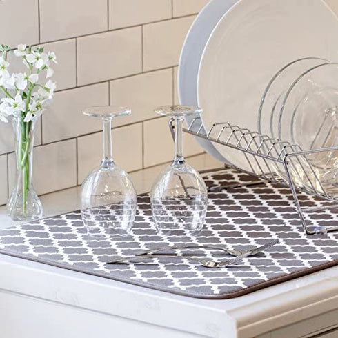 S&T INC. Absorbent, Reversible XL Microfiber Dish Drying Mat for Kitchen, 18 Inch x 24 Inch, Taupe Trellis