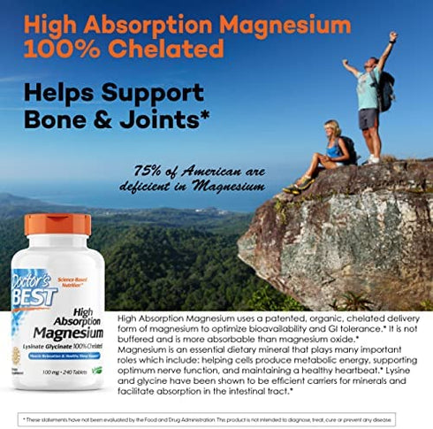 Doctor's Best High Absorption Magnesium Glycinate Lysinate, 100% Chelated, Non-GMO, Vegan, Gluten & Soy Free, 100 mg, 240 Count