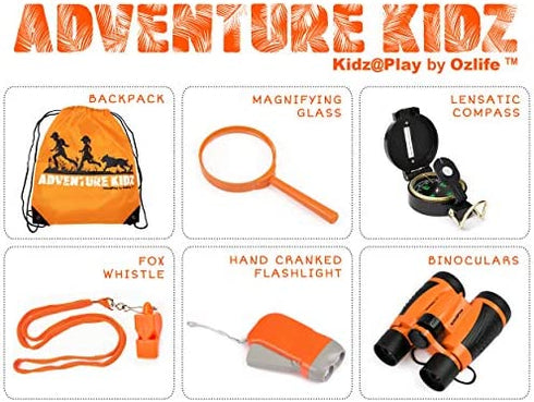 Adventure Kidz - Outdoor Exploration Kit, Children’s Toy Binoculars, Flashlight, Compass, Whistle, Magnifying Glass, Backpack. Great Kids Gift Set for Camping, Hiking, Educational and Pretend Play.