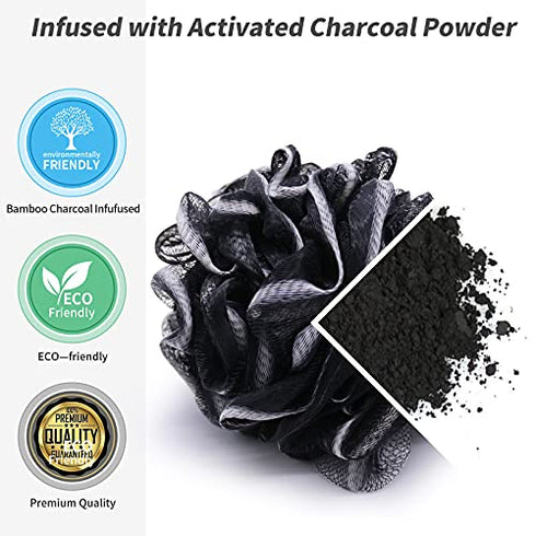 Shower Loofah Sponge Bath puff Large 75g XL for Women Men Kids Soft Mesh Pouf Body Scrubber Gentle Exfoliating shower Ball Buff Luffa with Bamboo Charcoal for Silky and Smooth Skin Cleansing 3pack