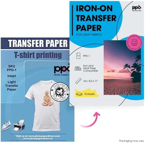 PPD Inkjet PREMIUM Iron-On White and Light Color T Shirt Transfers Paper LTR 8.5x11” Pack of 10 Sheets (PPD001-10)