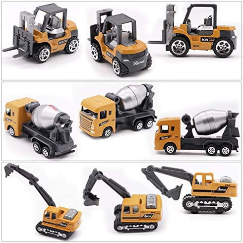 Childom Alloy Construction Engineering Vehicle Toys Set 12 Pack Stacker,Big Forklift,Heavy Duty Roller,Excavator,Heavy Transport Vehicle,Engineering Mixer Set for Kids Boys