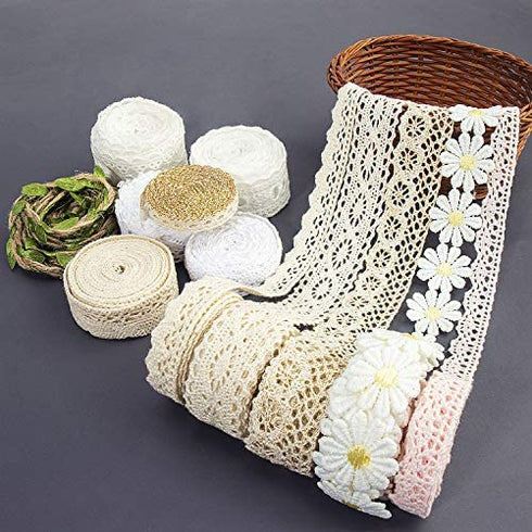 IDONGCAI Lace Ribbon for Craft Vintage Lace Trims Bridal Wedding Scalloped Edge Crochet Lace Gift Wrap Ribbon of All Kind Lace Sewing Craft Lace Supplies Mix 24 Yards ( 2 Yard Each)