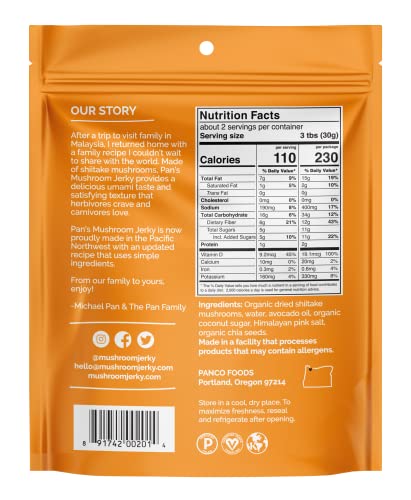 Pan's Mushroom Jerky, Organic, Vegan Snacks, Dried Mushrooms Shitake, Plant based Jerky, Meatless Jerky, Gluten Free, High in Fiber, with Original flavor (2.2 Ounce, Pack of 1)