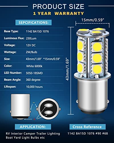 Qoope 1142 1076 LED Bulb for RV, 1004 BA15D White Light Bulb Replacement for 12V Camper Trailer Motorhome Boat Interior Light, 5050 18SMD Double Contact Bayonet,#90 Yard Landscape Bulb (10 Pack)