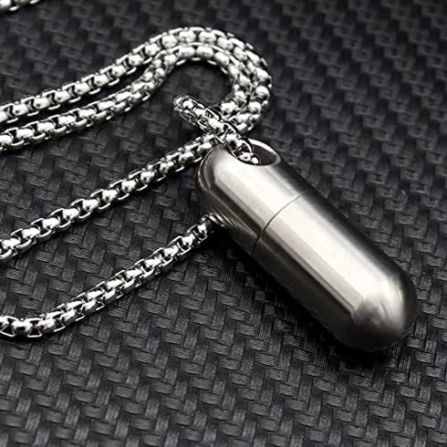 Haxtec Small Pill Box Titanium Mini Pill Case W/ 24" Rolo Chain Necklace Tiny Pill Fob for Men Waterproof Pill Holder Emergency Aspirin & Nitro Pill Container