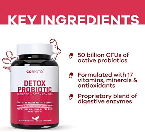 GOBIOTIX Detox Probiotic Supplement Ultimate Flora Probiotic for Women & Men | 50 Billion CFU of Probiotics + Prebiotics + Digestive Enzymes for Gut & Liver Health | Shelf Stable, 60 Caps