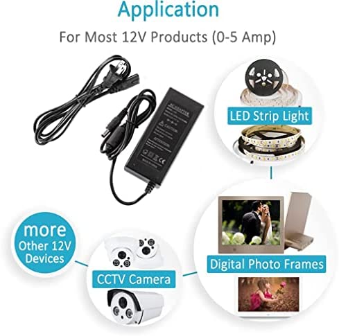 LEDMO Power Supply, Transformers,LED Adapter, 12V, 5A Max, 60 Watt Max, for LED Strip