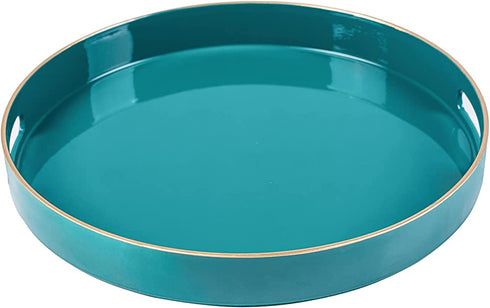 MAONAME 13" Round Tray, Teal Serving Tray with Handles, Modern Decorative Tray for Coffee Table, Plastic Ottoman Tray for Ottoman, Bathroom, Decor