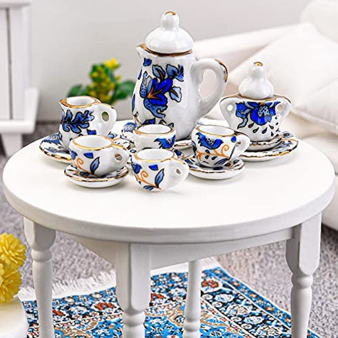 37 Pieces 1:12 Scale Miniatures Dollhouse Kitchen Accessories Include 16 Mini Doll Plates Knife Fork Spoon, 6 Mini Egg Beater Utensil, 15 Mini Tea Cup Set for Doll Toy Supplies (Blue Flower)