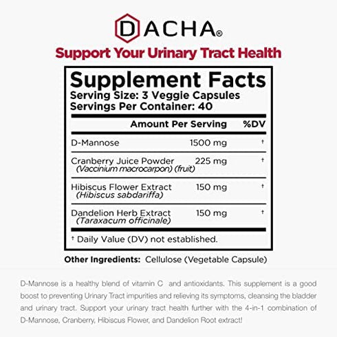 Natural D-Mannose Capsules 4-in-1 Formula - 120 CAPS, 1500 MG Cranberry, Dandelion, Hibiscus Flower Extract, Fast-Acting Pills for Bladder, Urinary Tract Health Support, Flush or Prevent Impurities