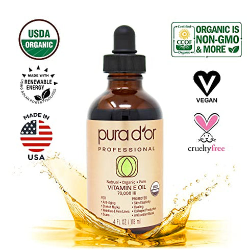 PURA D'OR Organic Vitamin E Oil Blend (4oz / 118mL) 70,000 IU 100% Pure Natural Hexane Free - Sweet Almond, Apricot, Jojoba, Argan, Rosehip, Sunflower & Avocado Oil For Scars, Skin, Face, Bath & Body