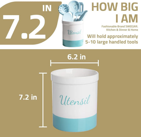 SWEEJAR Kitchen Utensil Holder, 7.2" Ceramic Utensil Crock for Cooking Countertop, Housewarming, Wedding, Birthday Gift (Teal green)