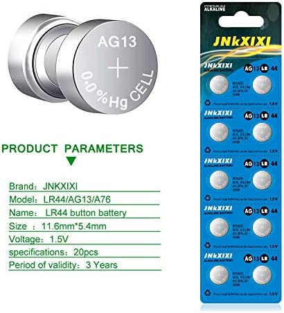JNKXIXI 20 Pack LR44 Lr 44b l1154c AG13 SR44 Batteries A76 357 303 1154 1.5 Volt Ornament Batteries Button Coin Cell Battery