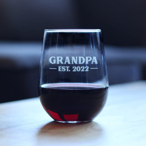 Grandpa Est 2022 - New Grandfather Stemless Wine Glass Gift for First Time Grandparents - Bold 17 Oz Large Glasses