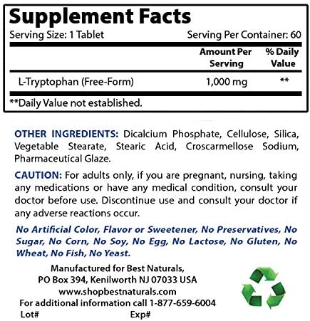 Best Naturals L-Tryptophan 1000 mg 60 Tablets (60 Count (Pack of 1))