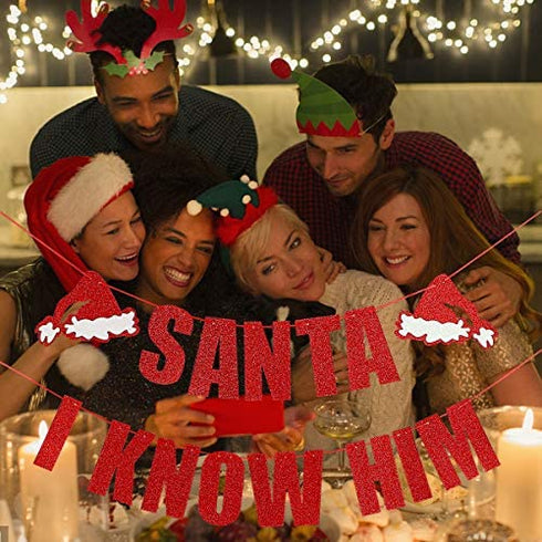 Santa I Know Him Banner Red Glitter - Buddy The Elf Party Supplies, Grinch Cutout, Buddy Elf Decorations, Christmas Party Decorations, Santa Cutout, Santa Face Cutout, Christmas Mantle Home Decor