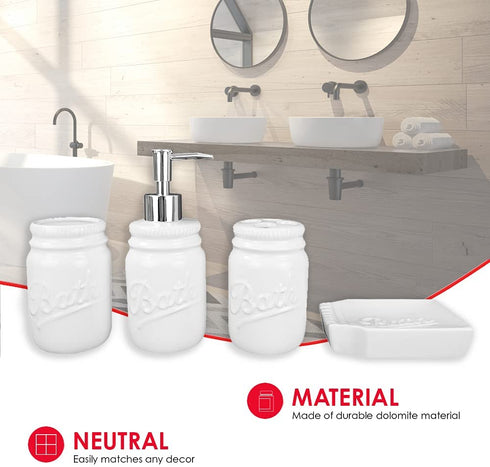 Home Basics Rustic Mason Jar 4 Piece Décor Bathroom Accessories Set, includes Lotion Pump Dispenser, Toothbrush Holder, Cup Tumbler, and Soap Dish , White