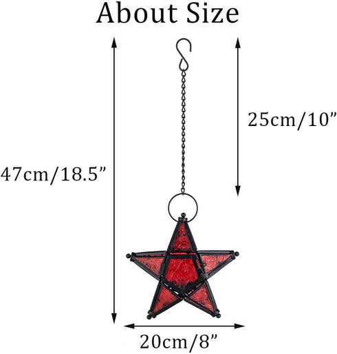 Star Lantern Hanging Glass Star Red Decoravtive Lantern Candle Holder for Home Patio Garden Decoration Red
