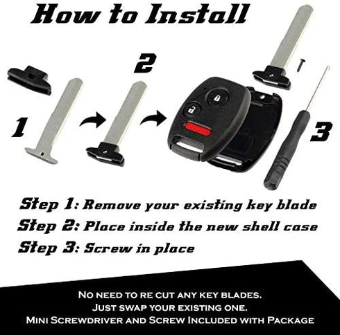 CUTTING NOT REQUIRED - 2 Key Fob Keyless Entry Remote Shell Case & Pad fits Honda Accord/Civic/CR-V/Fit/Odyssey/Pilot/Ridgeline/CR-Z