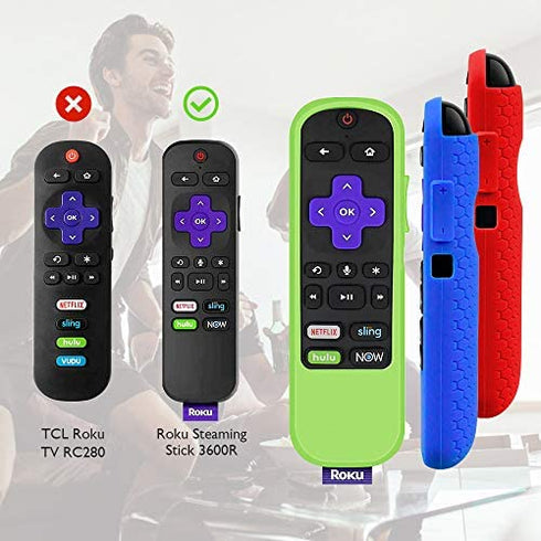 3 Pack TV Remote Case Compatible with TCL Roku TV Steaming Stick 3600R Remote Control, Silicone Case Shockproof Protective Remote Controller Skin Anti Slip Roku Remote Cover (Glow Green, Blue, Red)