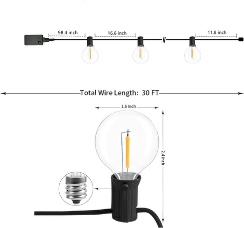 Bomcosy Patio Lights - Outdoor String Lights 30FT Smart Globe String Lights with Waterproof Shatterproof 15+1(Spare) G40 Led Bulbs, 2.4GHz Wi-Fi & Alexa Control Hanging Lights for Garden, Backyard