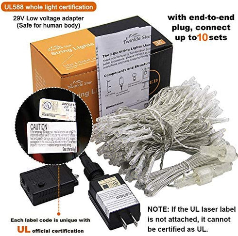 Twinkle Star LED String Lights, Plug in String Lights 8 Modes Waterproof for Indoor Outdoor Christmas Tree Wedding Party Bedroom (*Warm White, 33 ft)