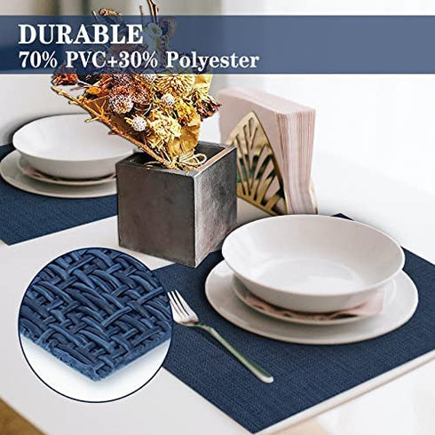 BETEAM Placemats Set of 6, Woven Vinyl Placemats, Washable & Durable Table Placemats, Indoor/Outdoor Use Table Mats, Navy Blue
