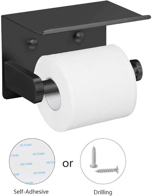 VAEHOLD Self Adhesive Toilet Paper Holder with Phone Shelf SUS 304 Stainless Steel Wall Mounted Toilet Paper Roll Holder - Rustproof and Bathroom Washroom Tissue Roll Holder with Shelf - Black