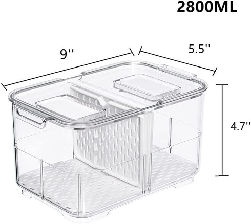 Benzoyl Lettuce Keeper Food Storage Containers Fridge Produce Saver, Stackable Refrigerator Organizer Foldable lid with Removable Drain Tray for Produce, Fruits, Vegetables 2800ML -2 Pack