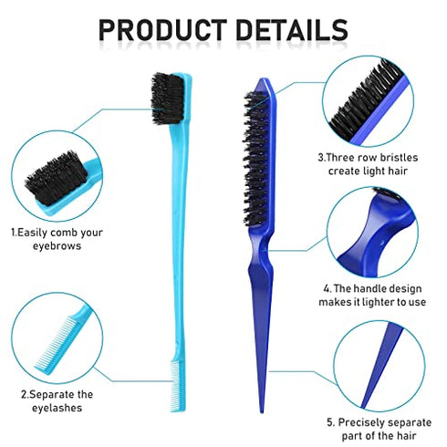 12 Pieces Hair Brush Set, Nylon Teasing Hair Brushes 3 Row Salon Teasing Brush, Double Sided Hair Edge Brush Smooth Comb Grooming, Rat Tail Combs with Duckbill Clips for Women Girls (Blue)