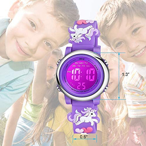 Venhoo Kids Watches 3D Cartoon Waterproof 7 Color Lights Toddler Digital Wrist Watch with Alarm Stopwatch Gifts for 3-10 Year Girls Little Child