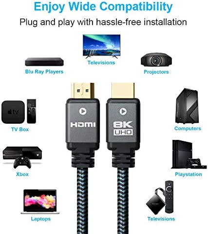 Yauhody 8K HDMI 2.1 Cable 6ft, 48Gbps Ultra High Speed Heavy Duty Nylon Braided HDMI 2.1 Cord, Real 8K@60Hz, 10K, 4K@144Hz, 4K@120Hz, eARC, HDCP 2.2 & 2.3, Dynamic HDR, 3D for Monitor, TV (6 Feet)