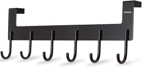 UDENIS Over Door Hanger,Heavy Duty Door Hook,Hanging Towel,Robe,Coat,Clothes,Bag,Belt,Over Door Rack for Bathroom,Bedroom,Closet,Dorm,Extra,Fit for 1 1/2 to 1 3/4 inch Door,Black 6 Hooks,Anti Rust