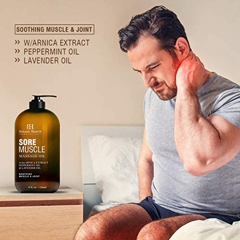 BOTANIC HEARTH Sore Muscle Massage Oil - with Arnica Montana Extract and Essential Oils - Warming and Relaxing - Soothes Tired Sore Muscles and Joint Pain, 8 fl oz