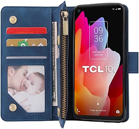 LOWPZNVE Wallet Case for TCL 10 5G UW Verizon,TCL 10 5G UW Case,Leather Handbag Zipper Pocket Card Holder Slots Wrist Strap Flip Protective Phone Cover for TCL 10 5G UW (Blue)
