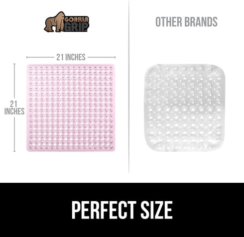 Gorilla Grip Patented Shower Stall Mat, 21x21, Machine Washable, Square Bathroom Bath Tub Mats for Stand up Showers and Small Bathtubs, Drain Holes Keep Floor Clean, Suction Cups, Light Pink