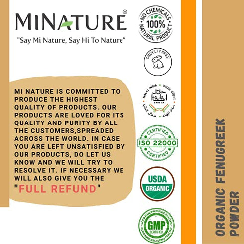 mi nature USDA CERTIFIED Organic Fenugreek Powder (TRIGONELLA FOENUM)(100% NATURAL , ORGANICALLY GROWN ) (227g / (1/2 lb) / 8 ounces) - Resealable Zip Lock Pouch