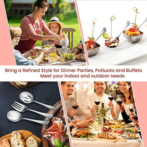 6 Pack Serving Spoons Set Includes 2 Serving Spoons 2 Slotted Serving Spoons and 2 Serving Forks Stainless Steel Buffet Dinner Restaurant Serving Spoons Set for Party Banquet, 8.7 Inch (Silver)