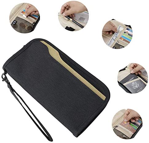 ZOPPEN RFID Travel Passport Wallet & Documents Organizer Zipper Case with Removable Wristlet Strap