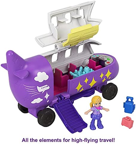 Polly Pocket Pollyville Airplane with Micro Polly Doll, Seating for 3 Passengers, Luggage Compartment, Restroom Door, Exit Ramp, Food Cart, Luggage & Vanity Case; for Ages 4 Years Old & Up