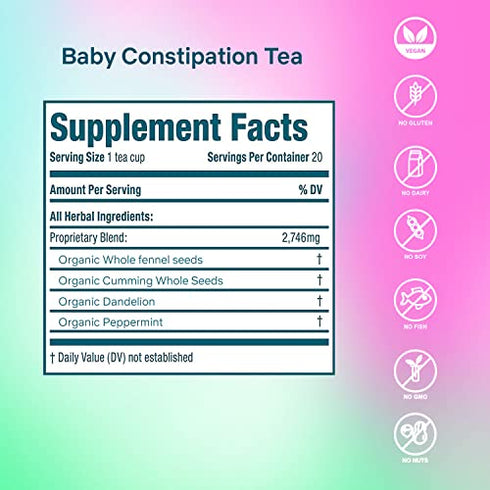 Secrets Of Tea Baby Constipation Relief Tea - Natural USDA Organic Caffeine Free - Tea for Baby Colic, Gas ,And Acid Reflux - Up to 80 Servings -20 Count(1 Pack)