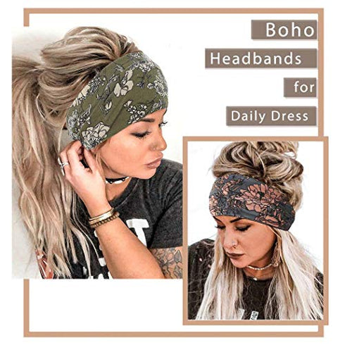 Aceorna Boho Bandeau Headbands Wide Knot Hair Scarf Floral Printed Hair Band Elastic Turban Thick Head Wrap Stretch Fabric Cotton Head Bands Thick Fashion Hair Accessories for Women Pack of 3 (Boho)