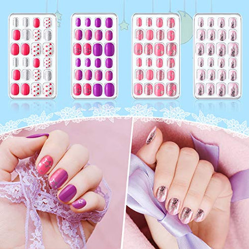 384 Pieces Kids Press on Nails Mini False Nails with Designs Press on Nails for Kids Stick on Short Fake Nails for Christmas Nail, 16 Boxes (Mermaid, Shell)