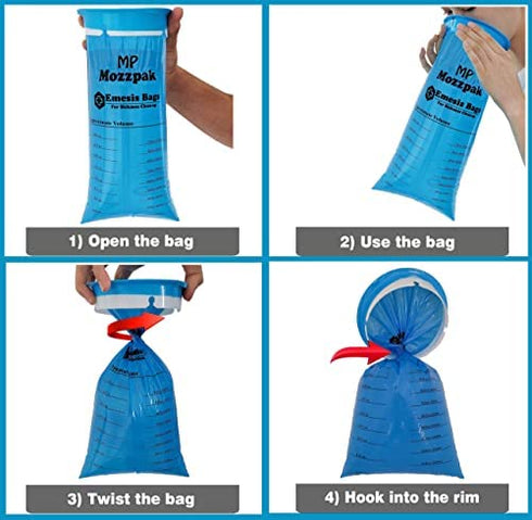 MP MOZZPAK Vomit Bags – 24 Pack – 1000ml Emesis Bags – Leak Resistant, Medical Grade, Portable, Disposable Barf Bags, Puke, Throw Up, Nausea Bags for Travel Motion Sickness, Car & Aircraft, Kids, Taxi