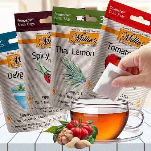 MILLIE'S SIPPING BROTH Steepable Vegetable Broth with Savory Seasonings for Snack Urges | Vegan, Keto, Gluten Free, Intermittent Fasting, and natural | (4 Pack Assortment - 12 Broth Bags Total)