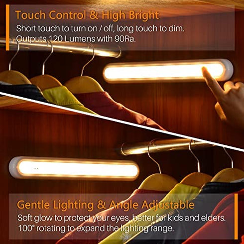 STAR-SPANGLED Dimmable Touch Light Bar Rechargeable, Built-in 2100mAh Battery Powered, USB Stick on LED Night Tap Light Indoor for Kitchen, Bedroom, Under Cabinet, Closet, Reading, Vanity, Warm White