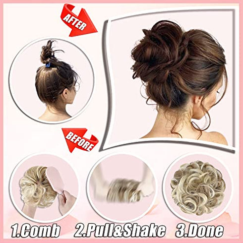 Qunlinta Messy Bun Hair Piece, Hair Bun Thick Updo Scrunchies Hair Extensions Ponytail Hair Pieces for Women Girls Light Brown Mix Ash Blonde