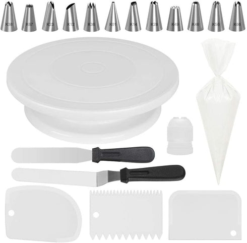 Kootek 69 Pcs Cake Decorating Tools Supplies with Cake Turntable, 50 Disposable Pastry Bags, 12 Piping Tips, 2 Icing Spatula, 3 Icing Smoother and 1 Coupler, Basic White